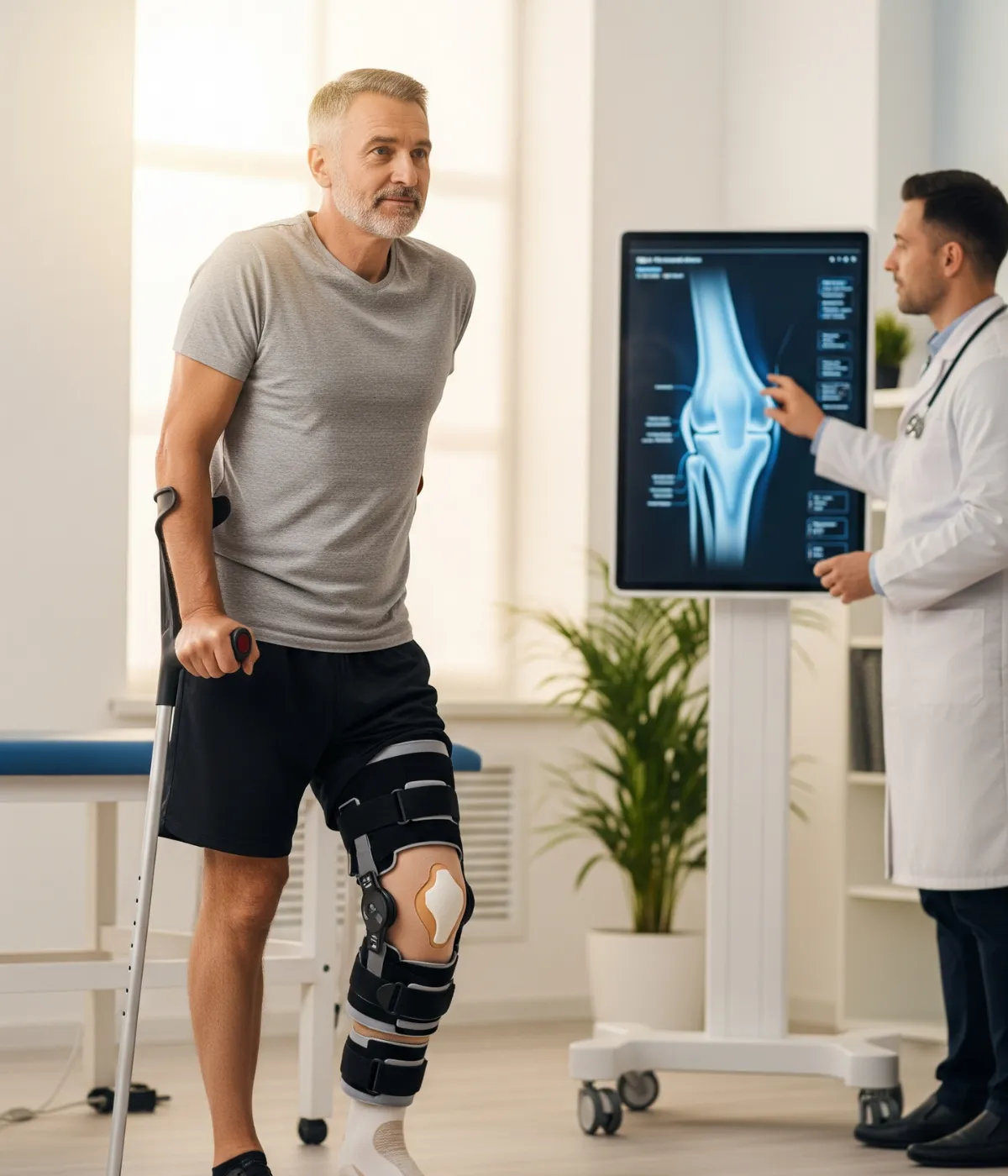 A patient doing physical therapy for ACL reconstruction recovery.