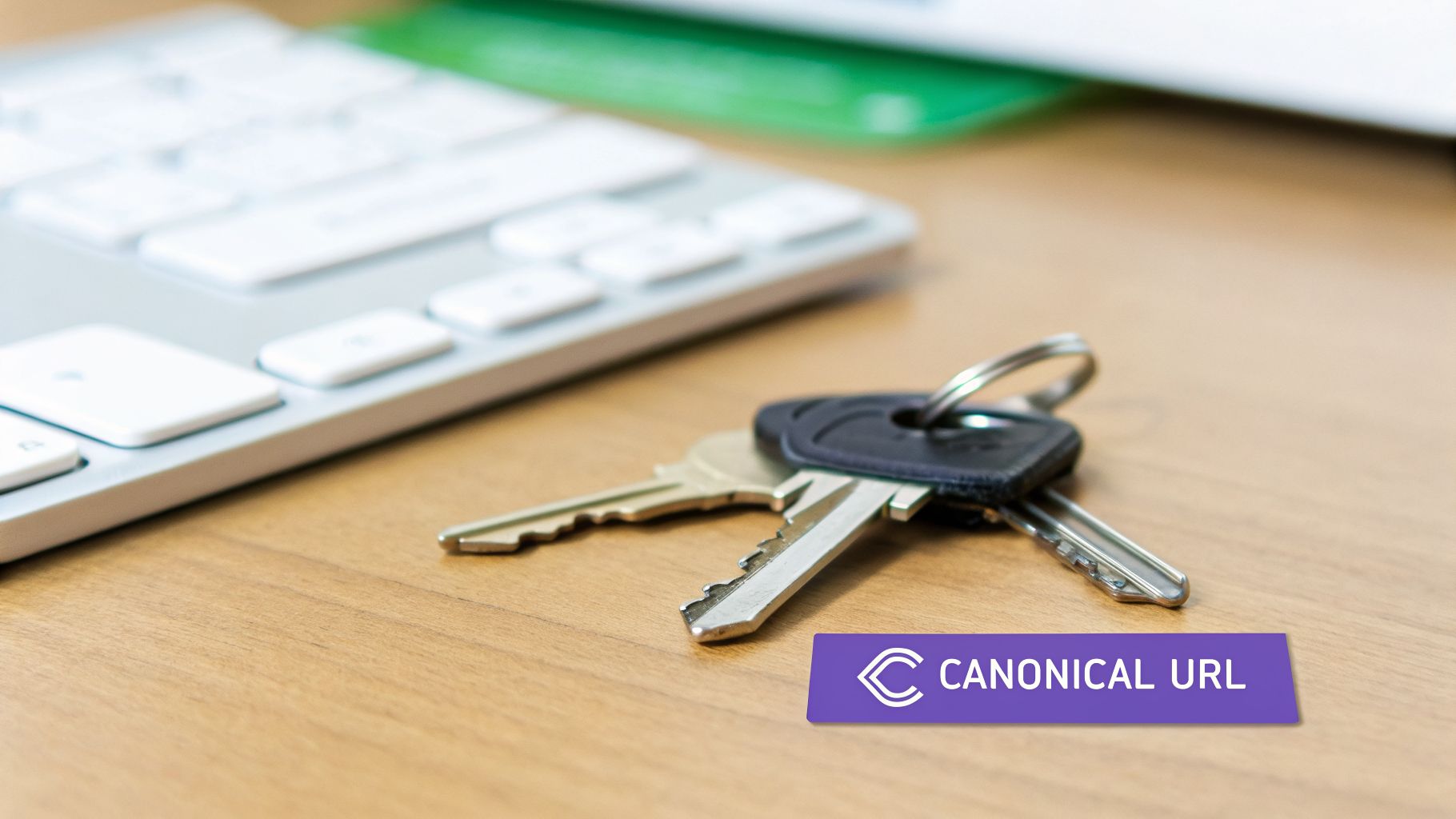 A set of car keys lying on a wooden desk, with a keyboard and a 'Canonical URL' banner.