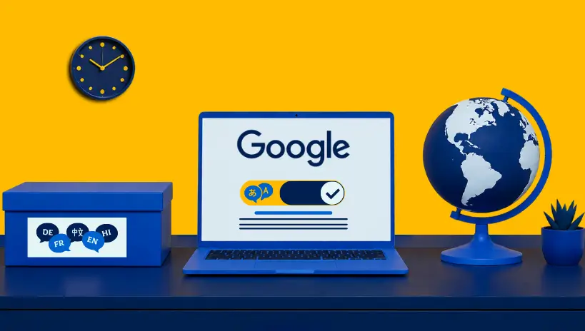 Google logo and language settings on a blue laptop screen with a globe and desk clock.