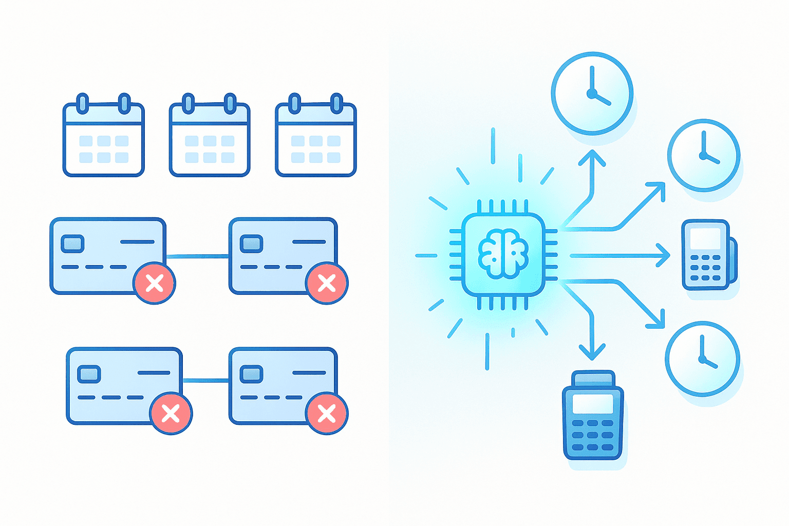 Side-by-side static retry timeline versus adaptive AI branching retry workflow.