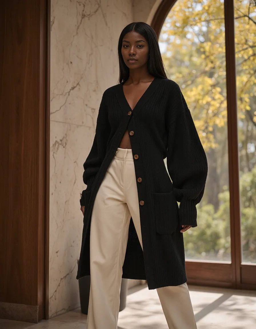 Minimalist fall fashion featuring a long black ribbed cardigan with wooden buttons and cream wide-leg trousers in a sunlit architectural space