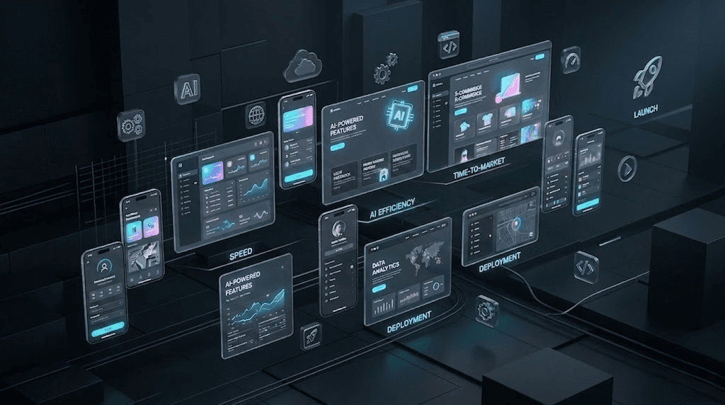 Futuristic business analytics dashboard showing growth charts powered by AI-driven UI/UX design, highlighting the fast time-to-market and business ROI delivered by Artonest Design Studio.