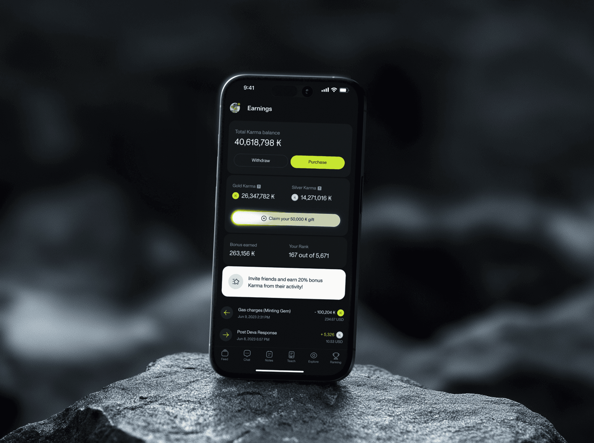 iPhone mockup showing a fintech earnings dashboard UI