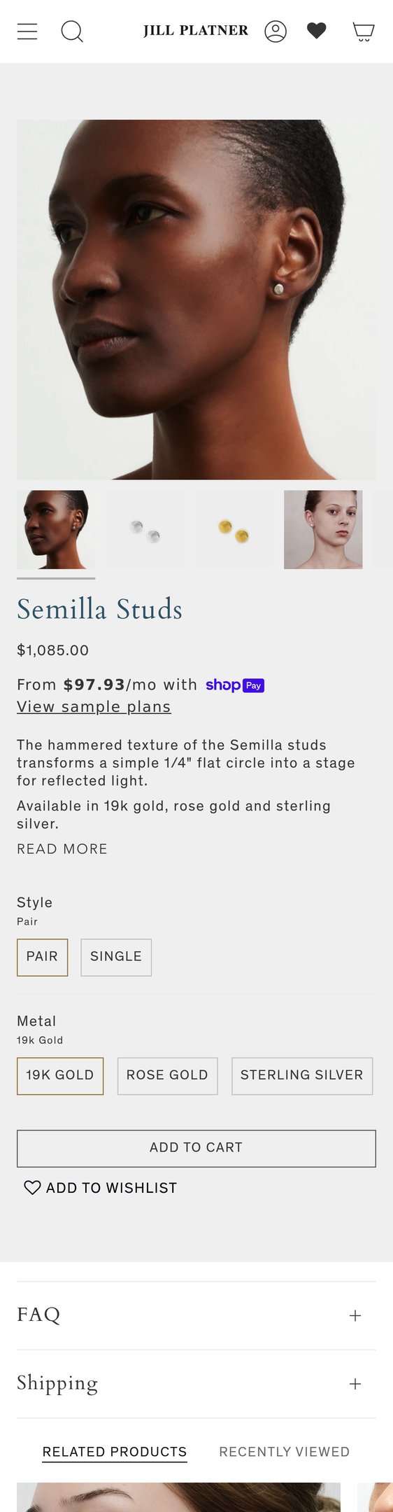 Jewelry product options include: earring for Semilla Studs from Jill Platner.