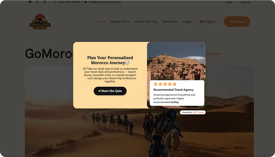 A centered lead generation quiz popup on the GoMoroccoTour travel website, inviting visitors to plan a personalized itinerary using an interactive questionnaire layout.