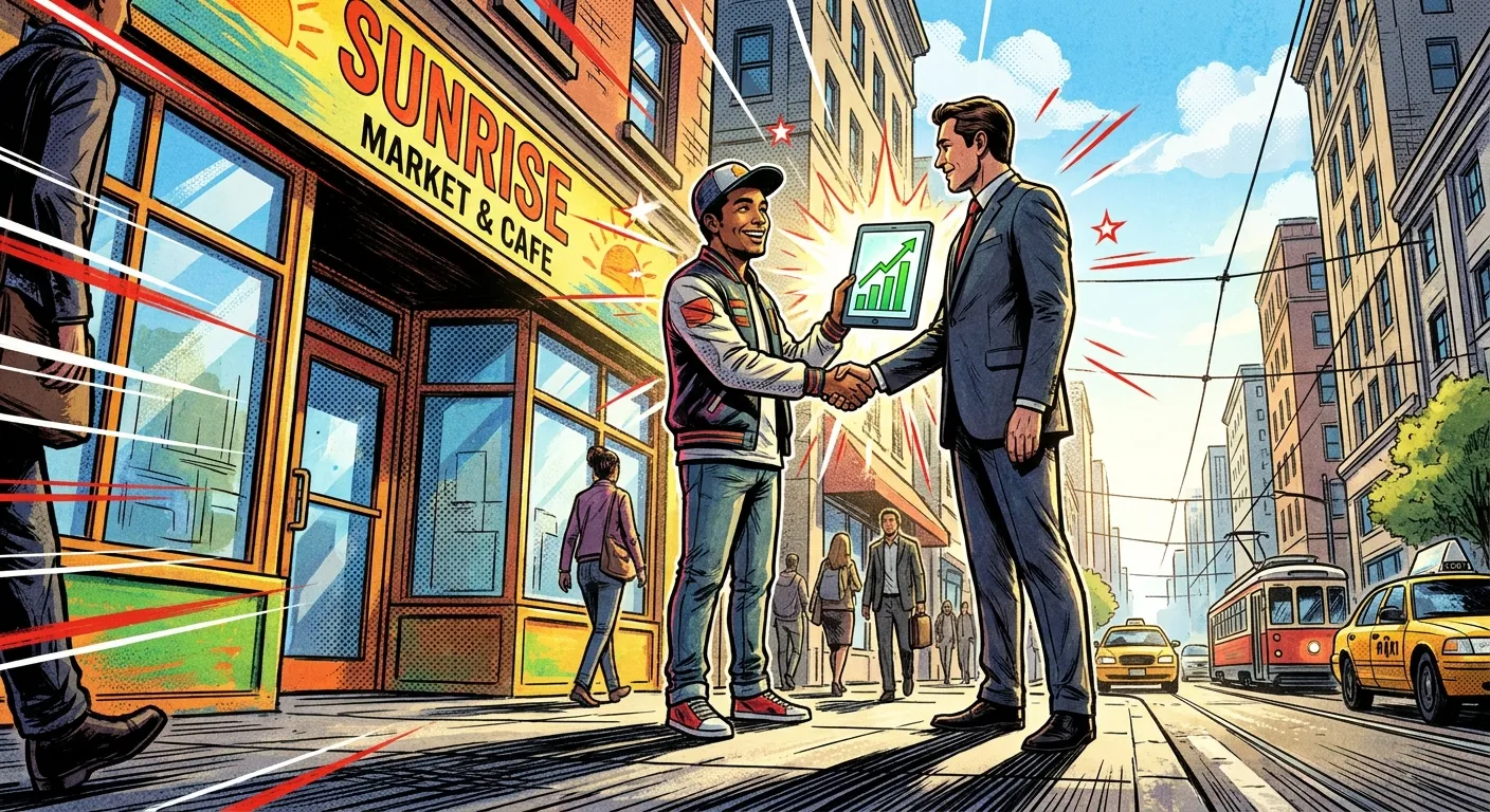 RockN' Socials Digital Marketing: handshake and rising chart on tablet.