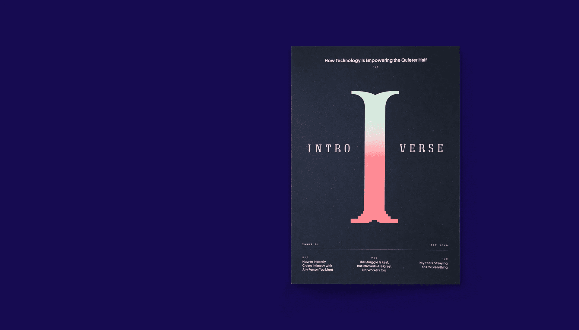 A sample page from the magazine "Introverse," designed for introverts, featuring various layouts and typography styles. The images showcase the magazine's aesthetic and content presentation, highlighting its focus on research essays and personal stories from introverts.