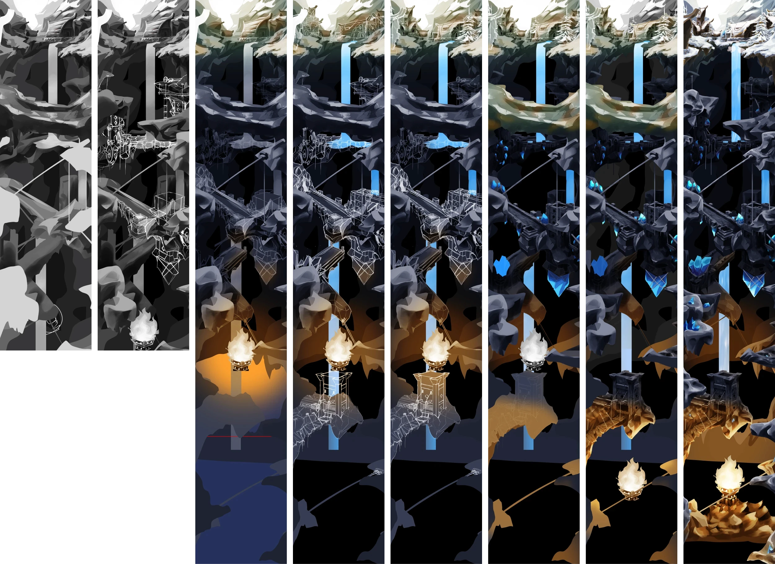 Overview of the stages of the main illustration for the project