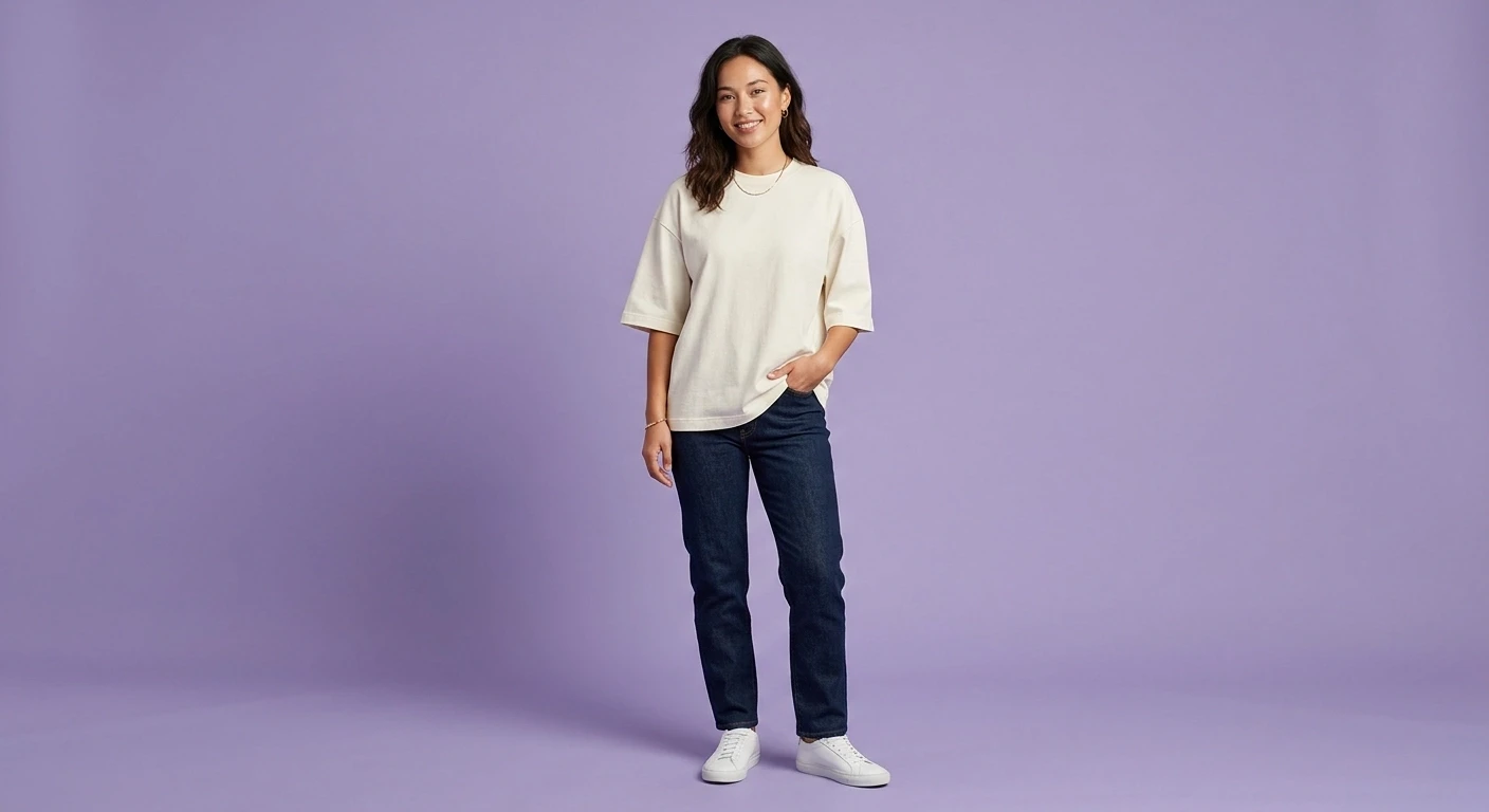 A women wearing a cream colour t-shirt with a denim pant and sneaker on purple background