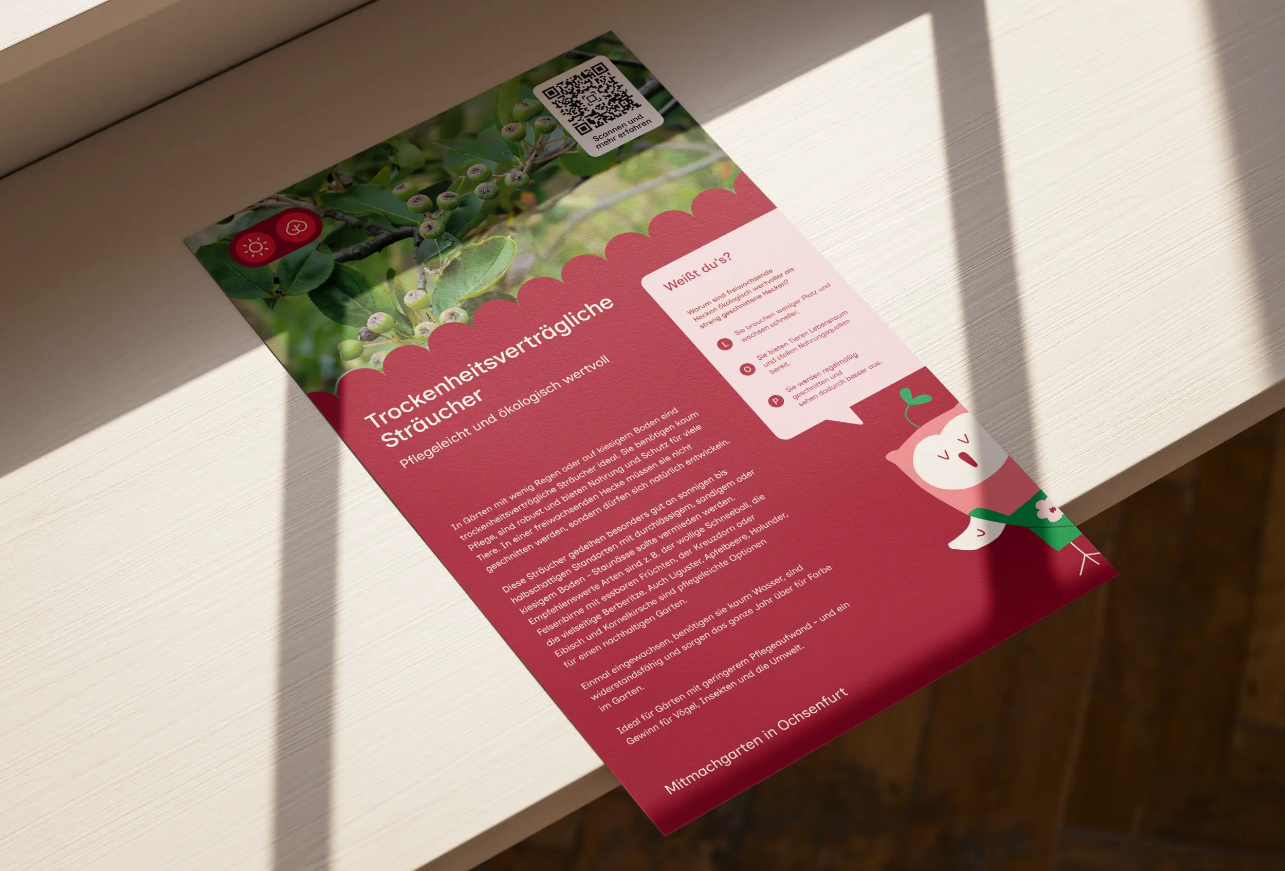 Flyer zum Mitmachgarten in Ochsenfurt über trockenheitsverträgliche Sträucher mit Eulen-Maskottchen.