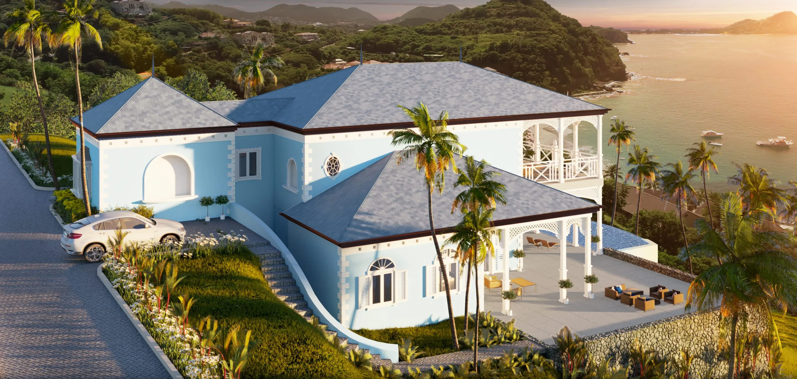 3D architectural rendering of colonial-style hotel villa with ocean views in St. Lucia by Atelier International LLC