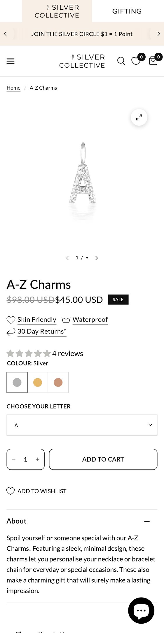 Jewelry product options include: necklace, bracelet, pendant, earring for A-Z Charms from THE SILVER COLLECTIVE.