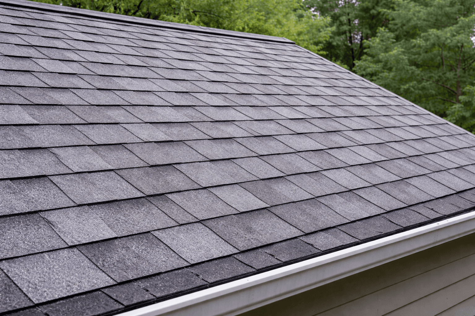Close-up of a textured roof with dark shingles, surrounded by green trees in the background.