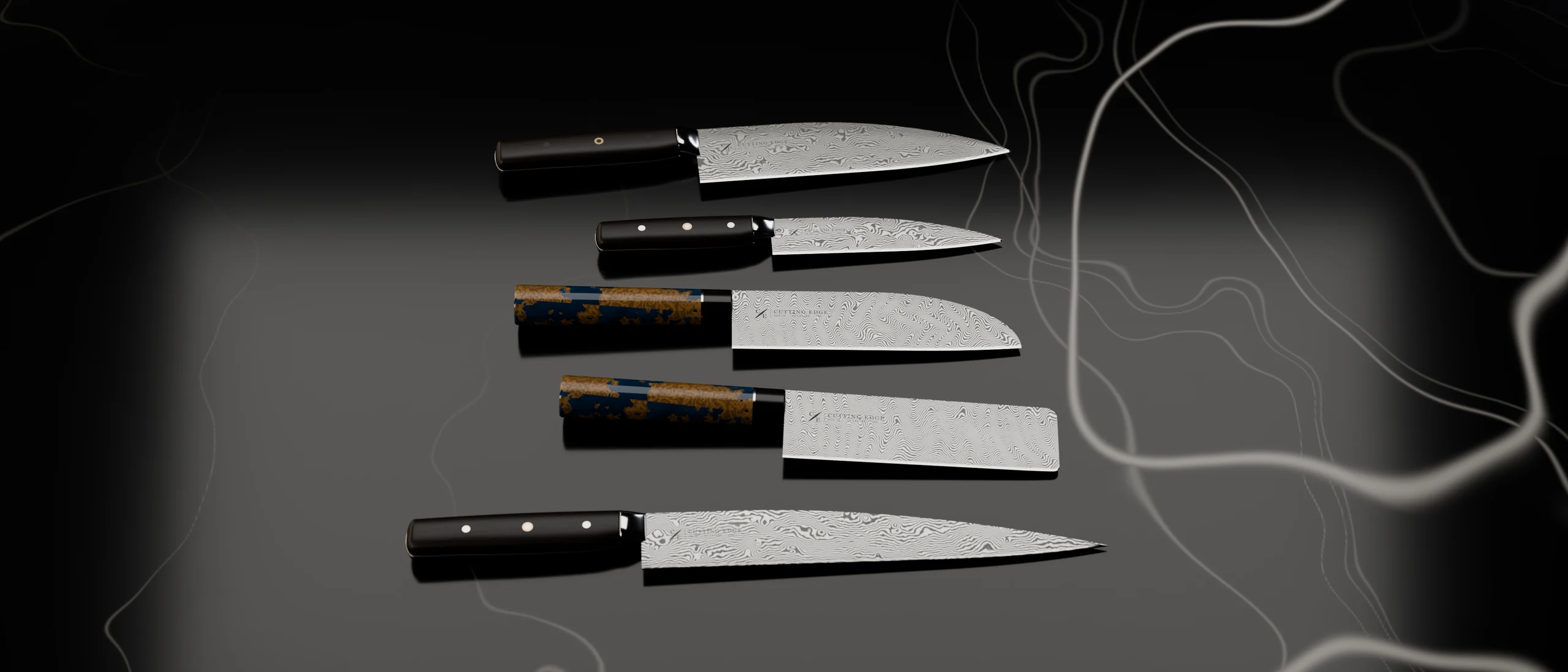 The five Damascus knives side by side on black Nero Marquina marble: gyuto, petty, santoku, nakiri and sujihiki