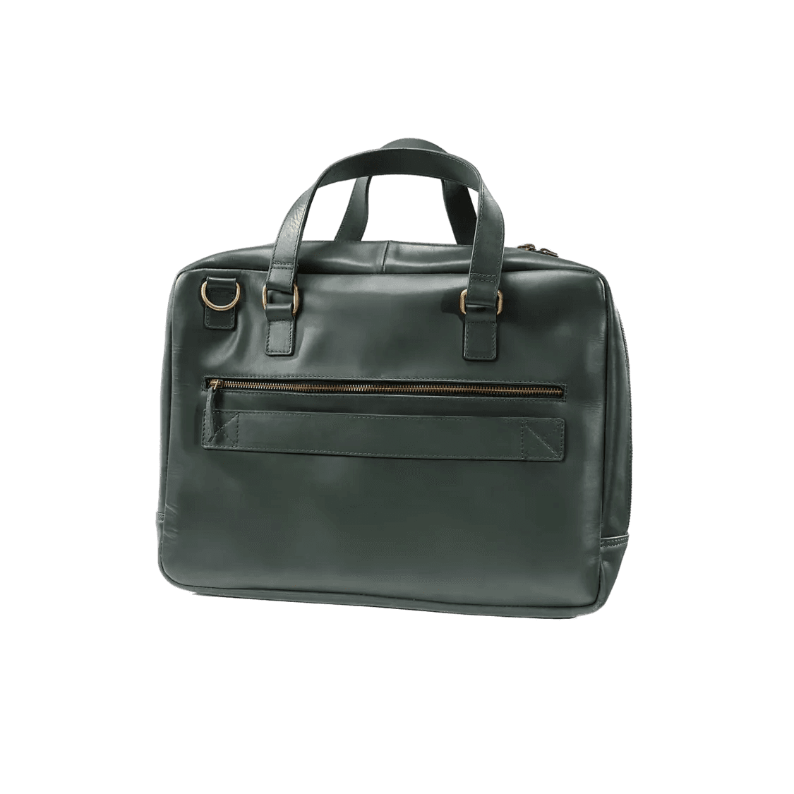 Olive leather bag with gold zippers on a white background