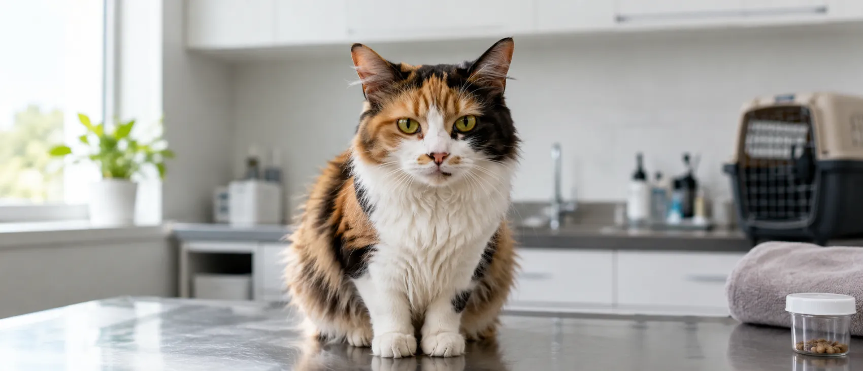 A calico cat sitting on a kitchen counter.