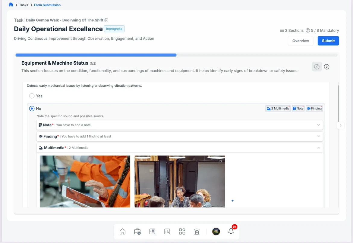 EmpowerOps digital checklist form for equipment and machine status with uploaded photos