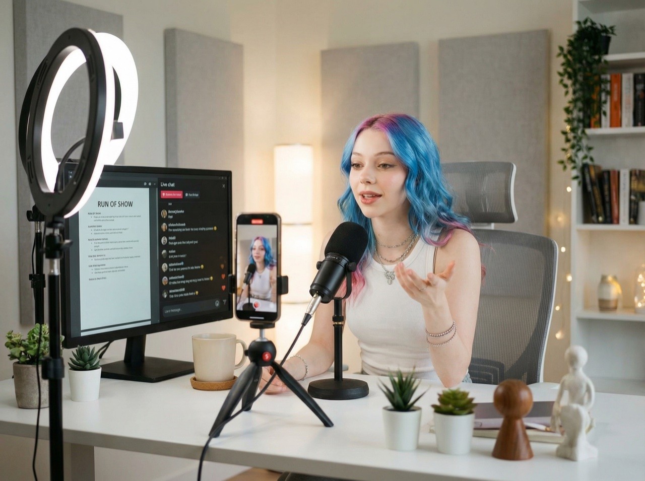 Lucy hosting a TikTok LIVE stream with a planned run-of-show agenda on monitor and chat feed visible — structured creator LIVE setup
