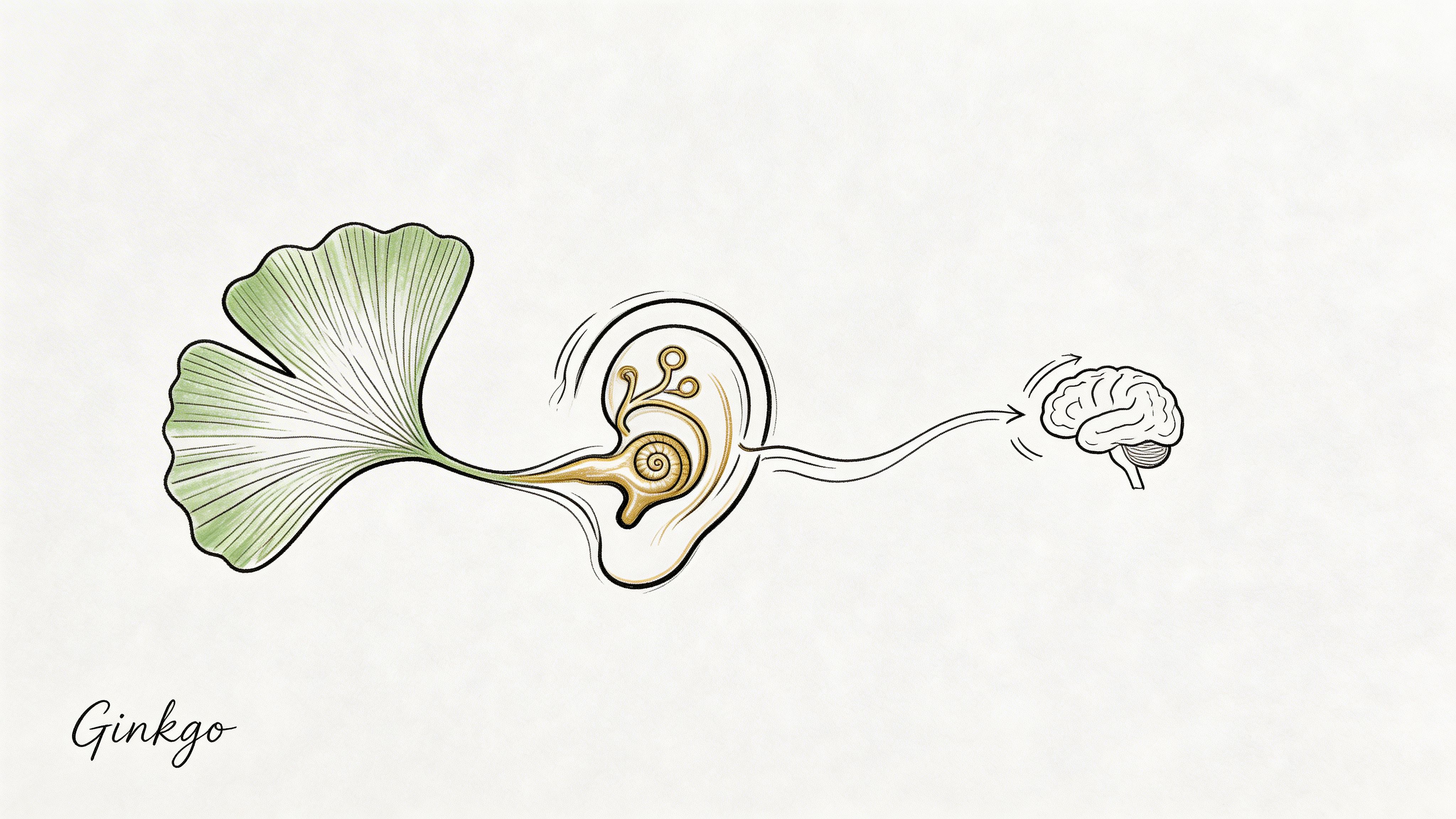 An artistic illustration depicting a Ginkgo biloba leaf merging into an ear shape connected to a brain.