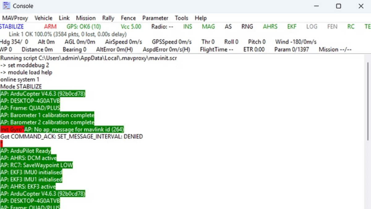 MAVProxy Console showing vehicle status, system initialization messages, and sensor calibration information for an ArduCopter quadcopter.