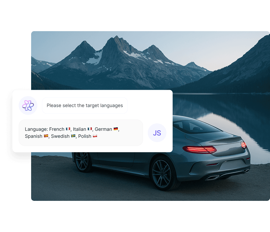 A sleek luxury car is parked by a serene lake with majestic mountains in the background at twilight, enhancing the tranquil and scenic atmosphere.