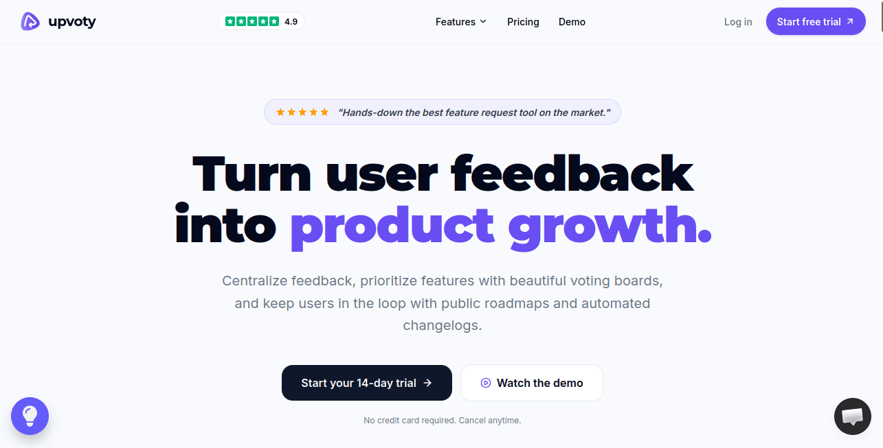 Upvoty landing page hero: Turn user feedback into product growth