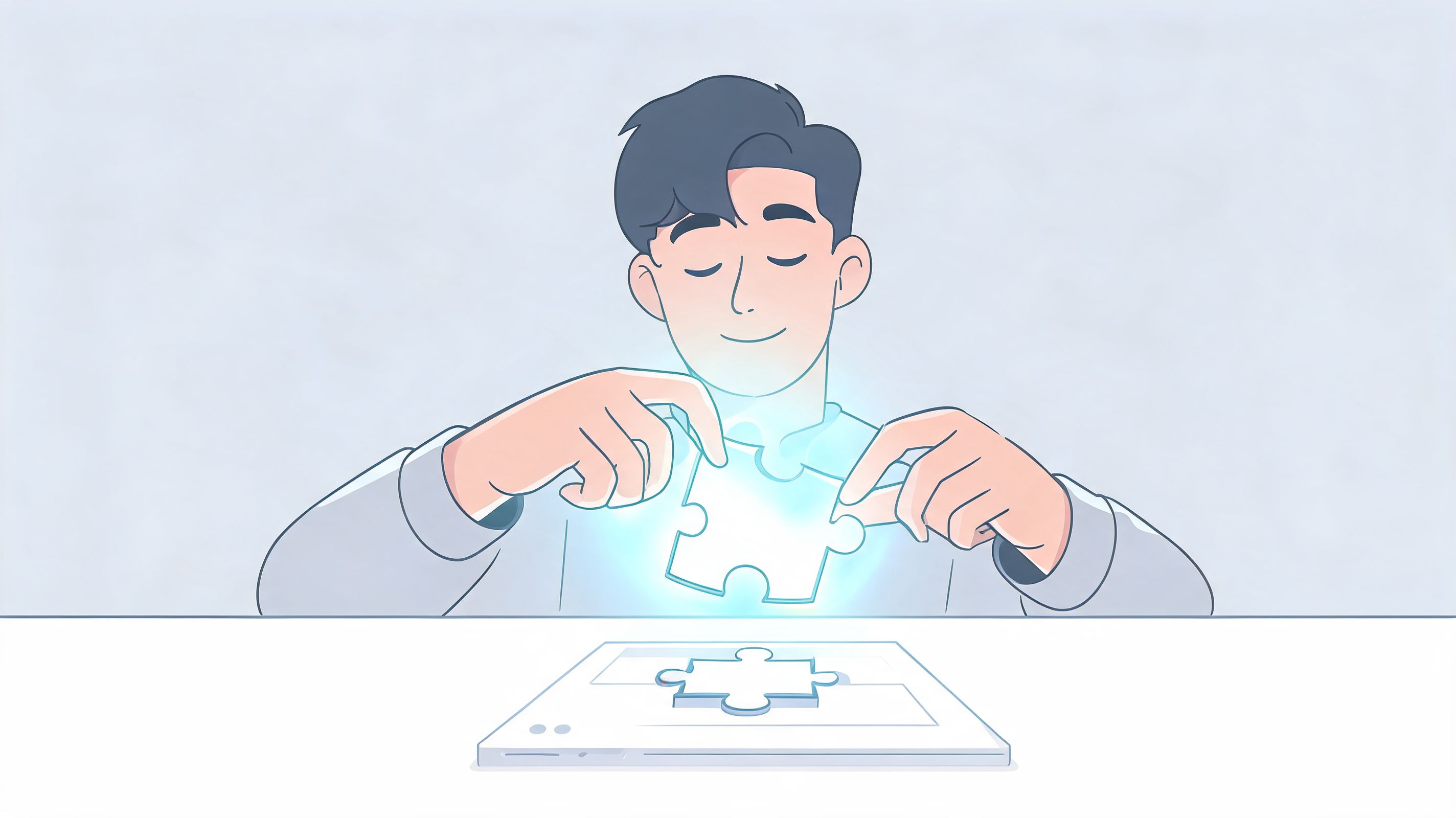 A person carefully fitting a glowing digital puzzle piece into place on a tablet interface.