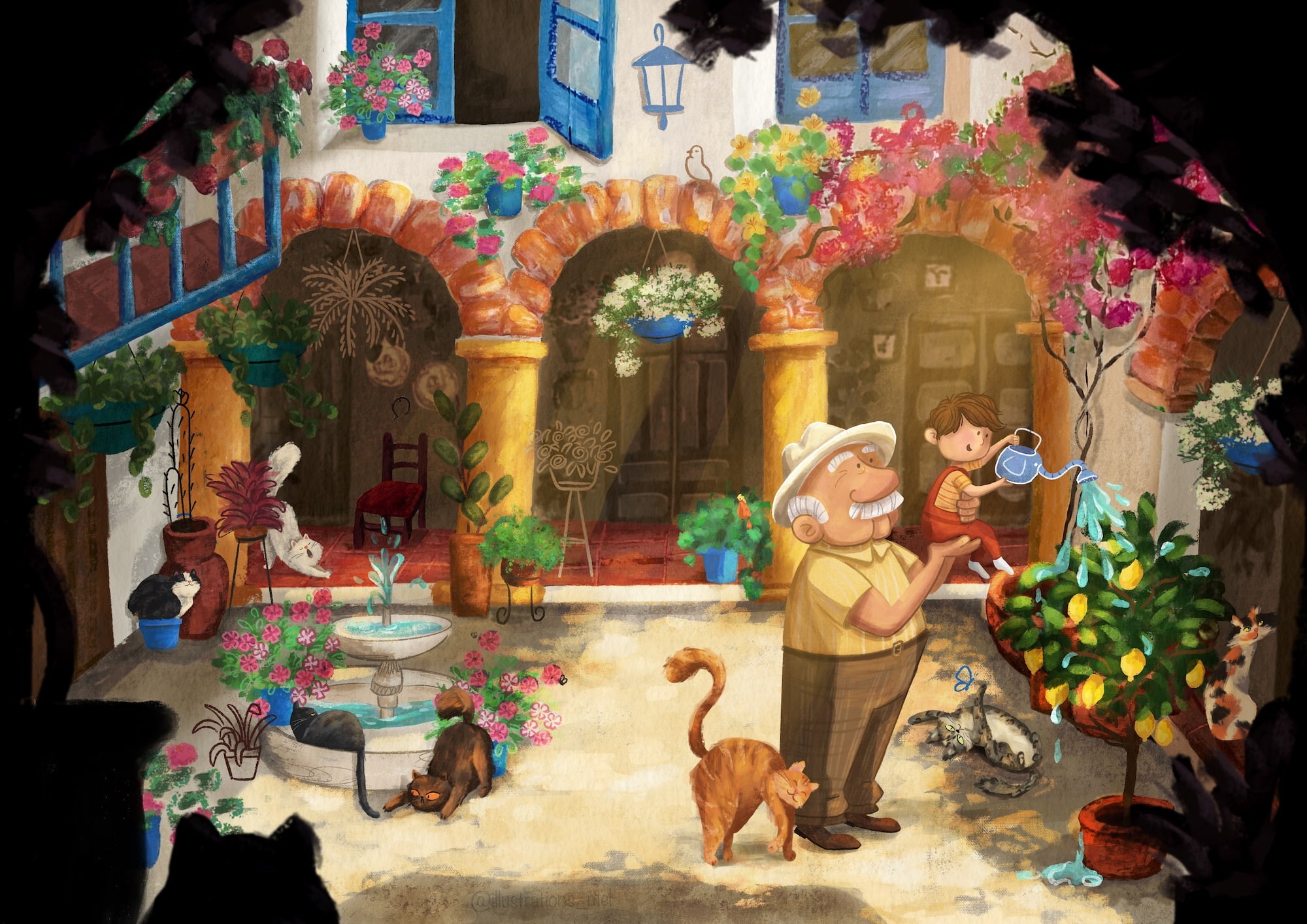 A grandfather lifting his grandchild so they can water a lemon tree in a courtyard filled with cats and flowers.