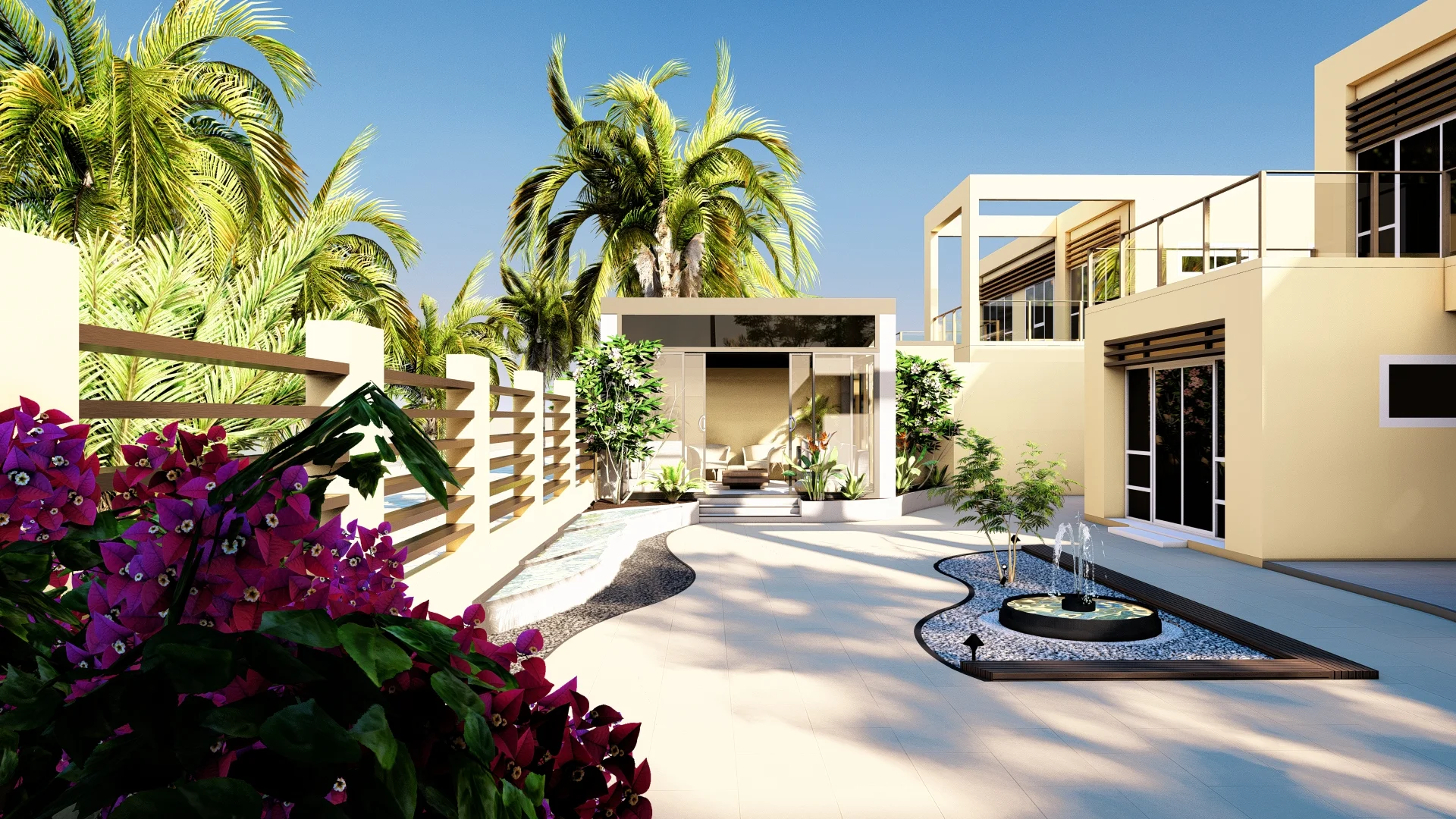 View of the backyard and the villa with a fountain as the centerpiece, discreet outdoor lighting along a winding path and a privacy fence on the left with lush greenery.