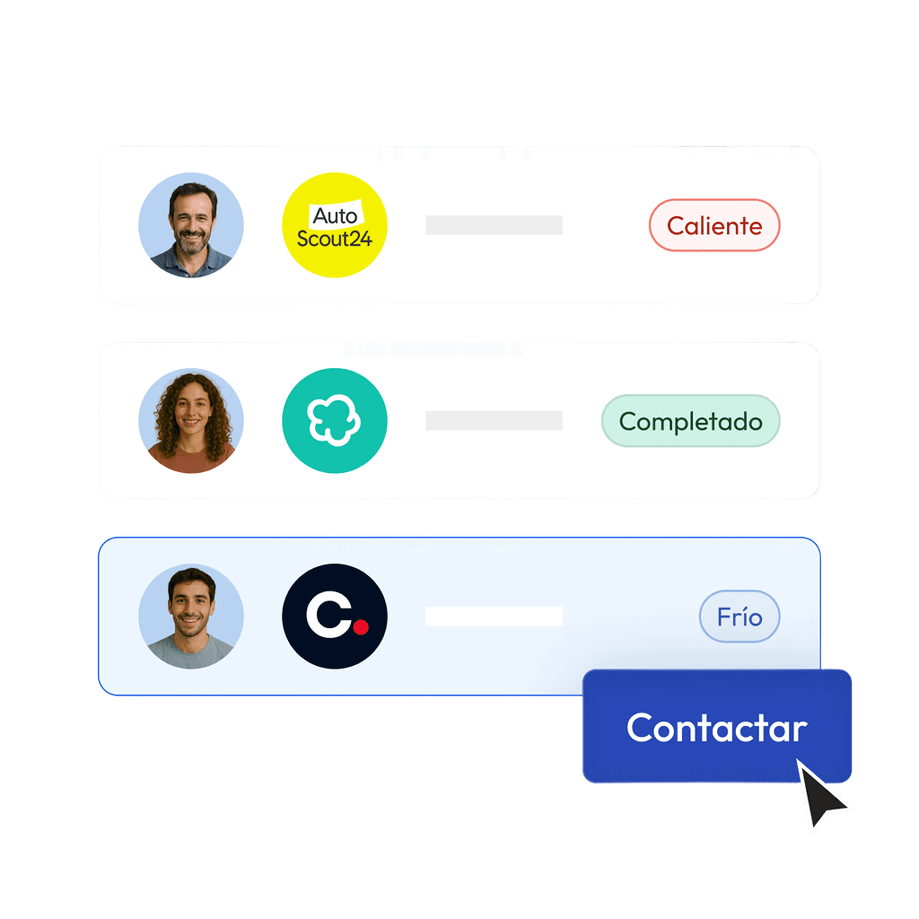 Customer list with contact status: Hot, Completed, Cold. Contact button.