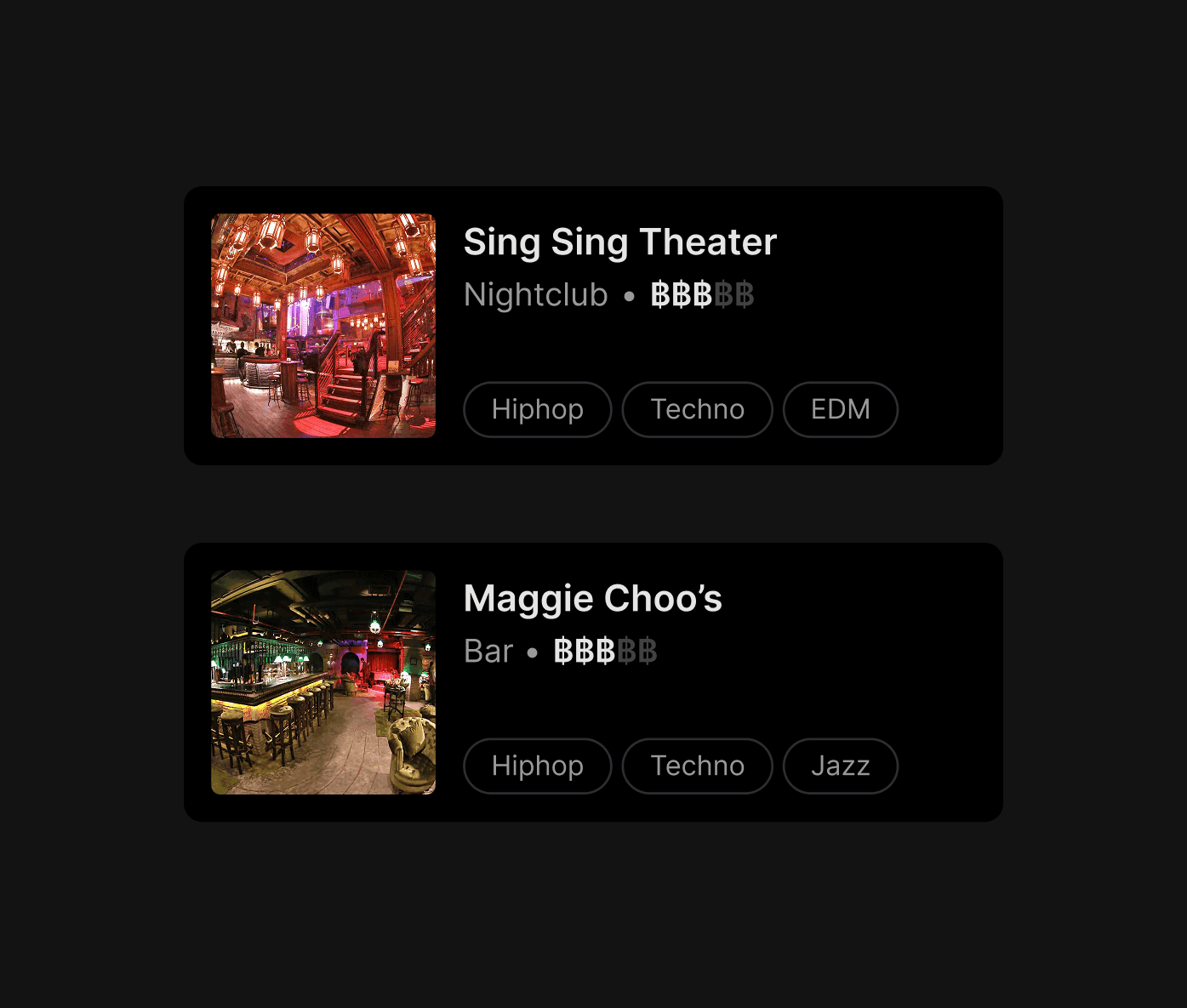 High-fidelity UI components for Nightify venue listings. Showcases a clean, dark-themed layout for venues like Sing Sing Theater and Maggie Choo’s, including category tags for Hiphop, Techno, and Jazz alongside price indicators.