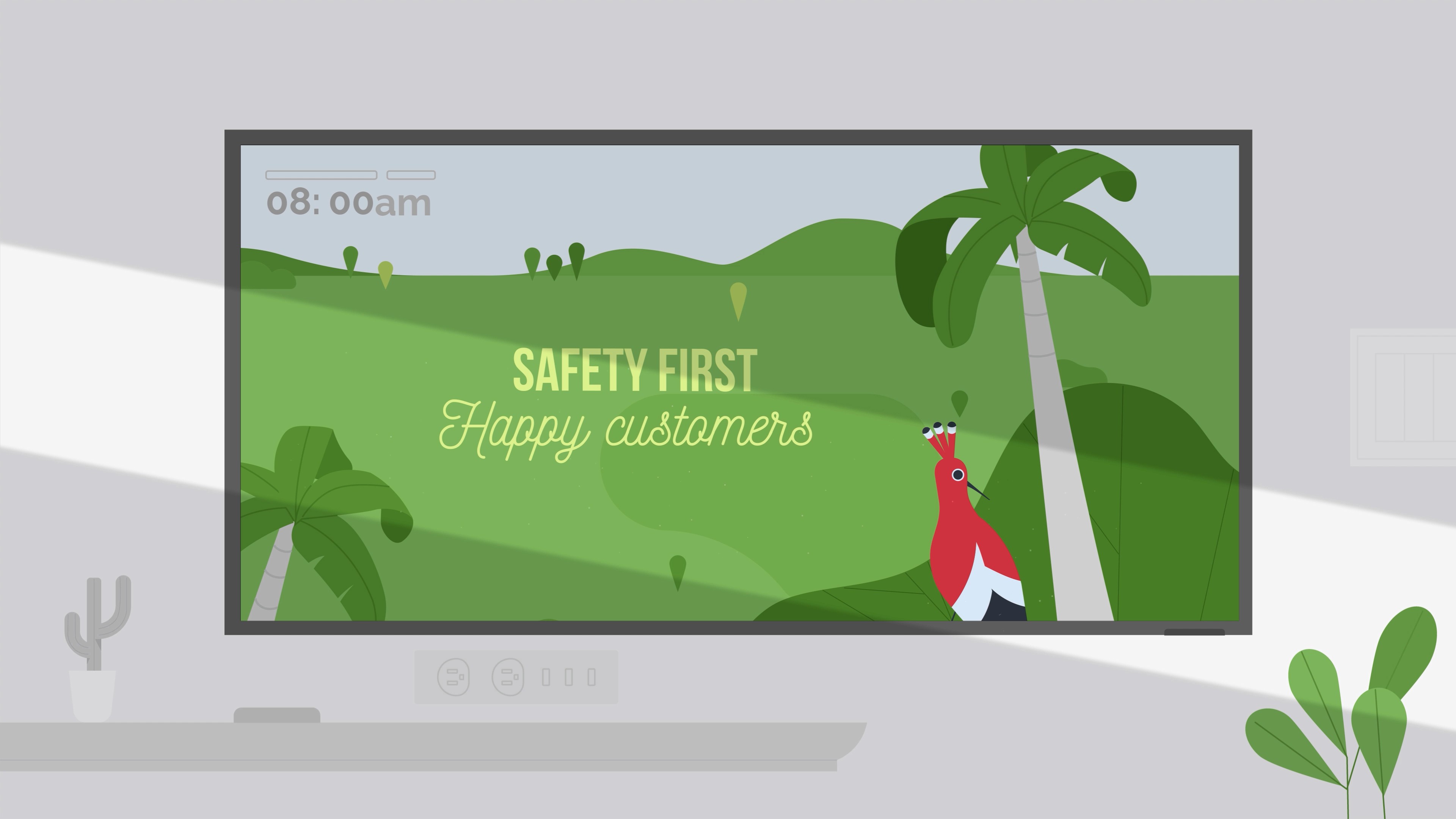 A screenshot from a motion graphics video animation showing a TV in a hotel room