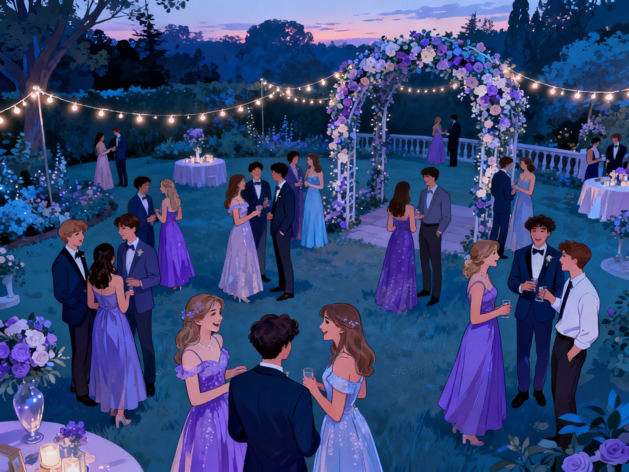 An outdoor prom scene at dusk in a beautifully decorated garden with string lights and floral