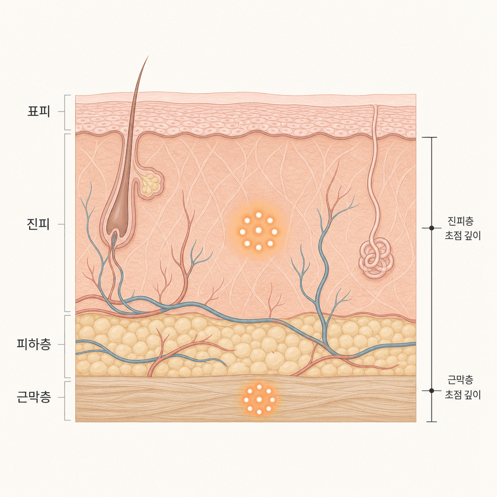 슈링크 초음파가 닿는 진피와 깊은 근막층 도트