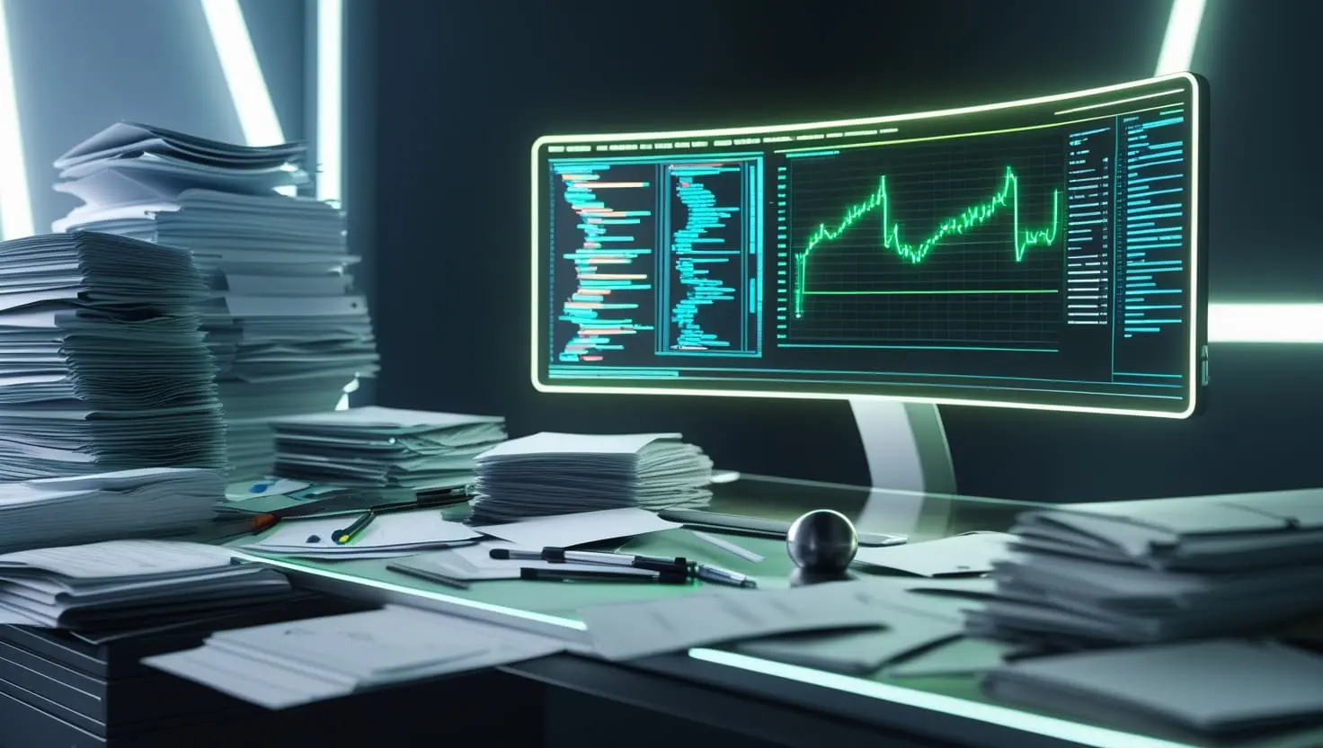 Futuristic office workspace with stacks of paperwork and a computer monitor displaying financial charts, data analytics, and market trends.