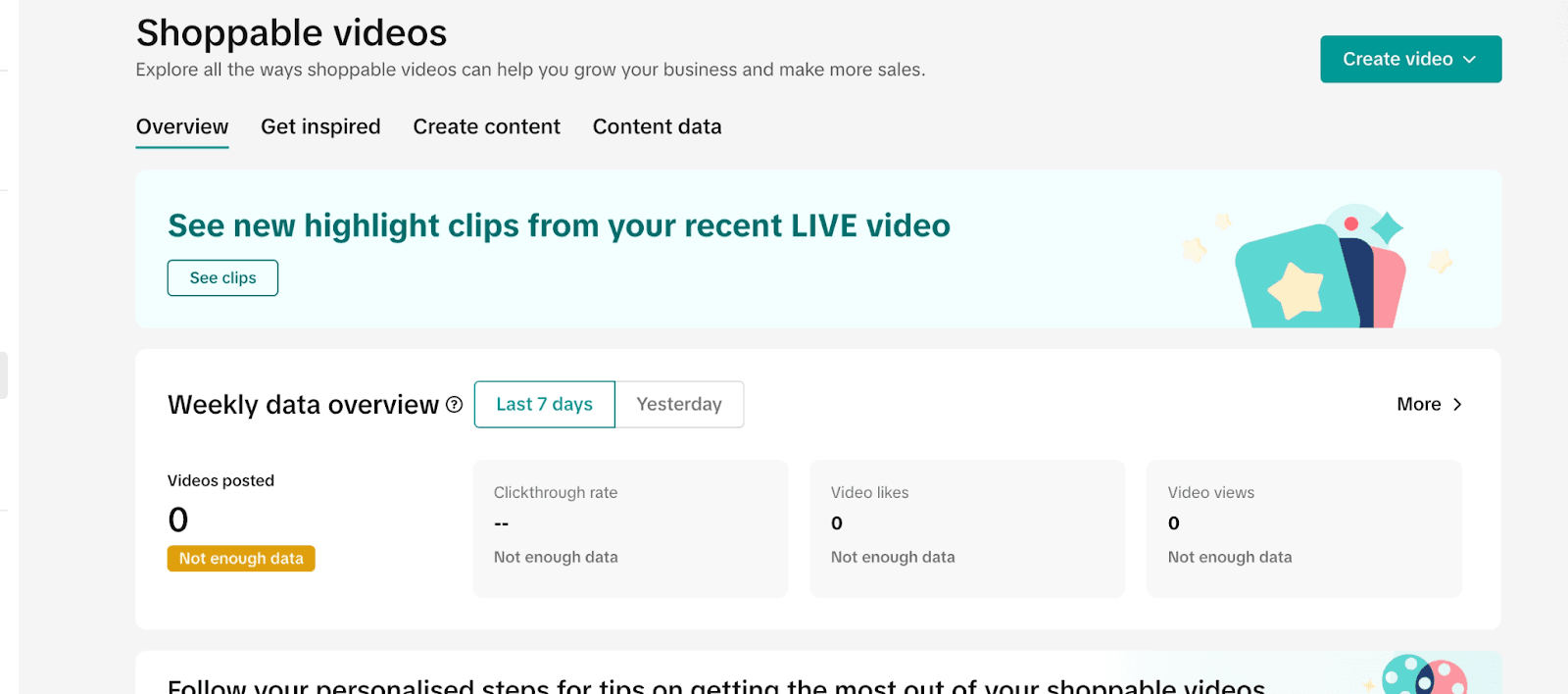 TikTok Seller Center, Shoppable videos tab showing new LIVE Highlight clips available.