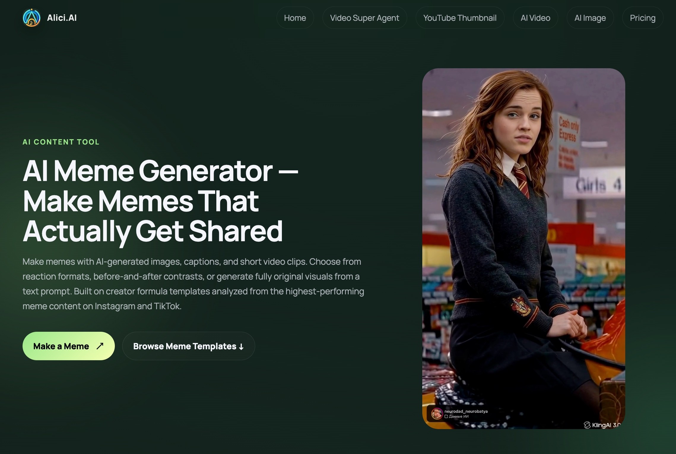 Alici AI Meme Generator dashboard - 9 template types with 50+ variations for video and image memes