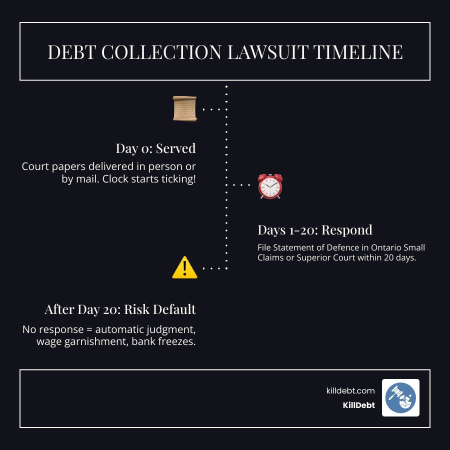 Debt collection lawsuit timeline: from service of claim to court judgment - fight debt collection lawsuit infographic