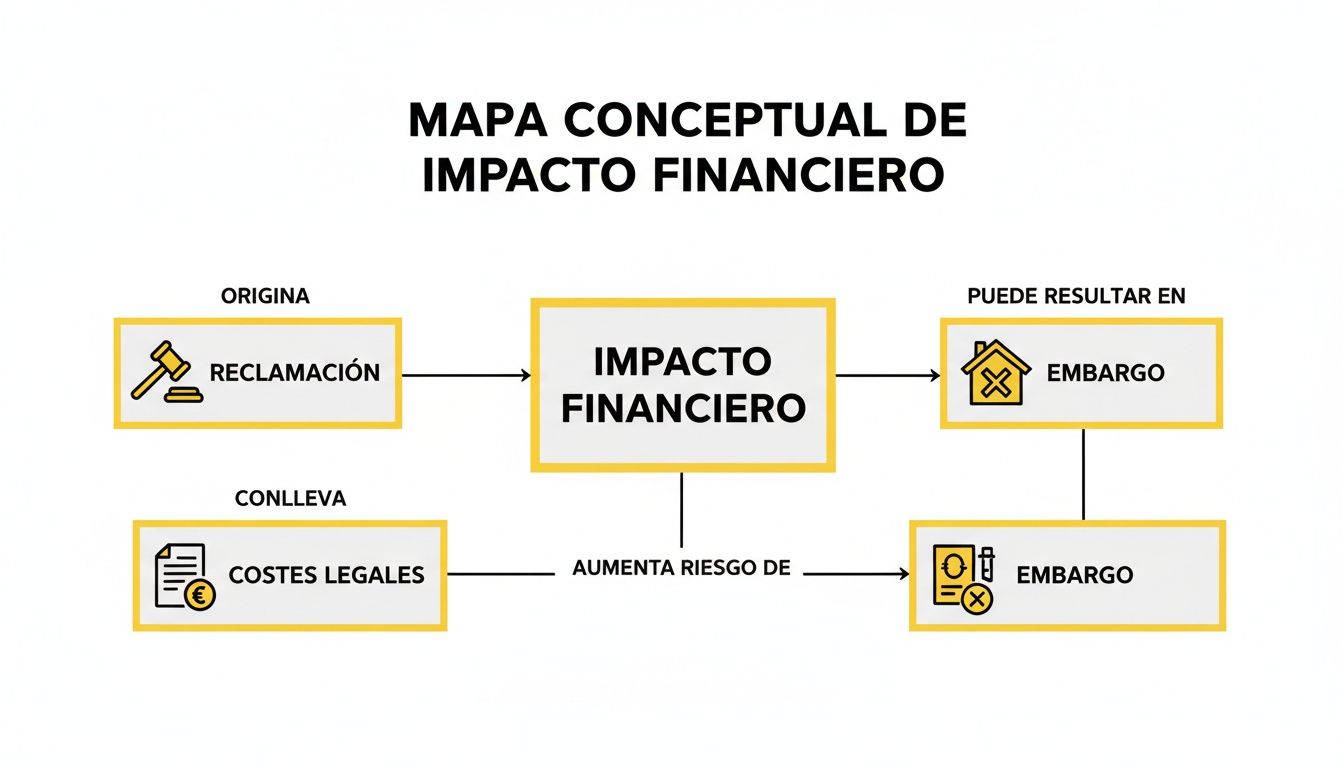 Mapa conceptual del impacto financiero detallando reclamaciones, costes legales y riesgo de embargos.
