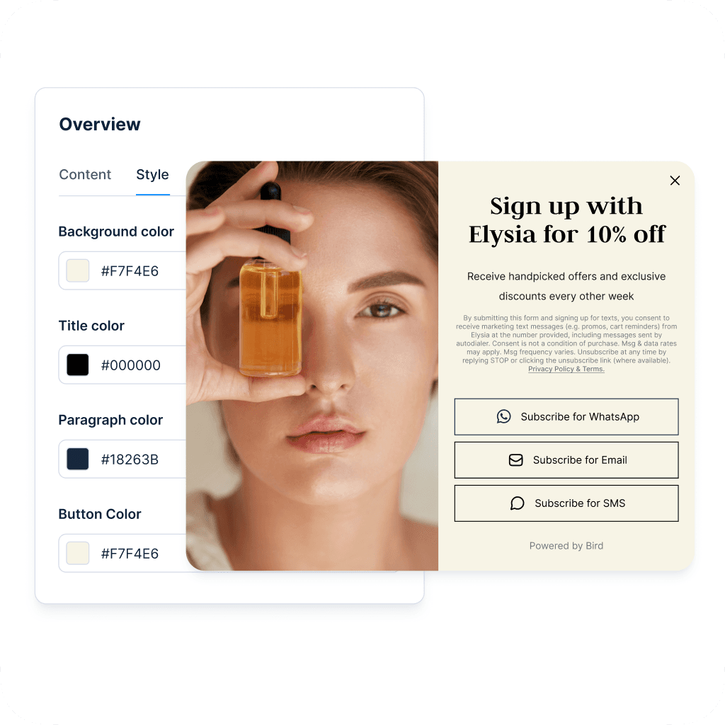 Formulario de registro para Elysia Skincare que ofrece un 10% de descuento, solicitando a los usuarios que se suscriban a través de WhatsApp, correo electrónico o SMS, con colores de fondo, título, párrafo y botón personalizables que se muestran a la izquierda.