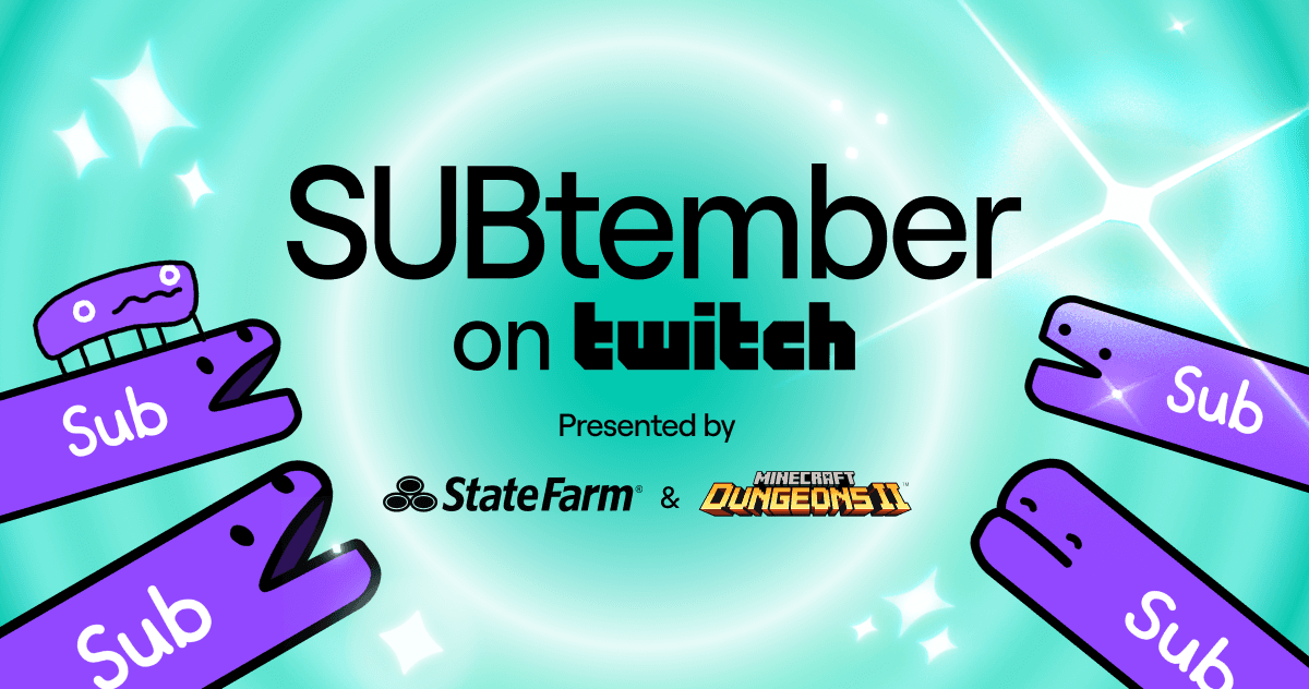 SUBtember on Twitch cover art with purple subscription graphics, State Farm, and Minecraft Dungeons II logos.
