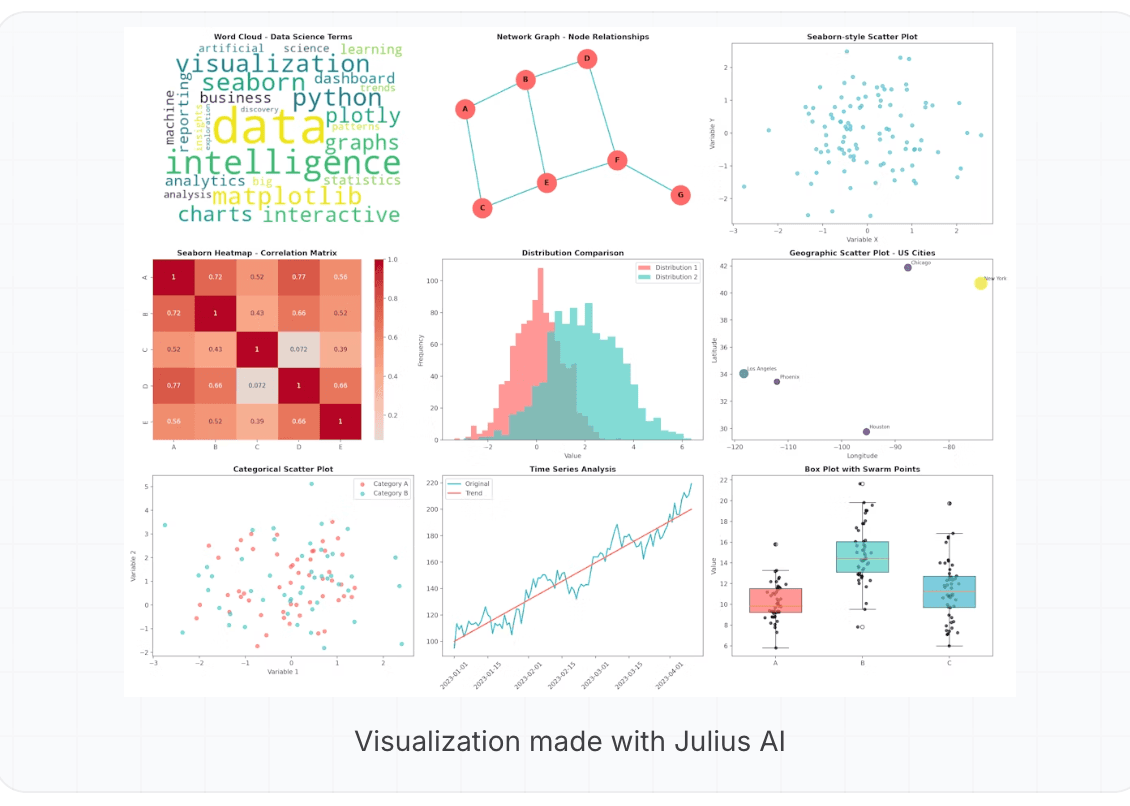 Specialized data visualizations created with Julius AI including network graphs, heatmaps, geographic scatter plots, and distribution charts