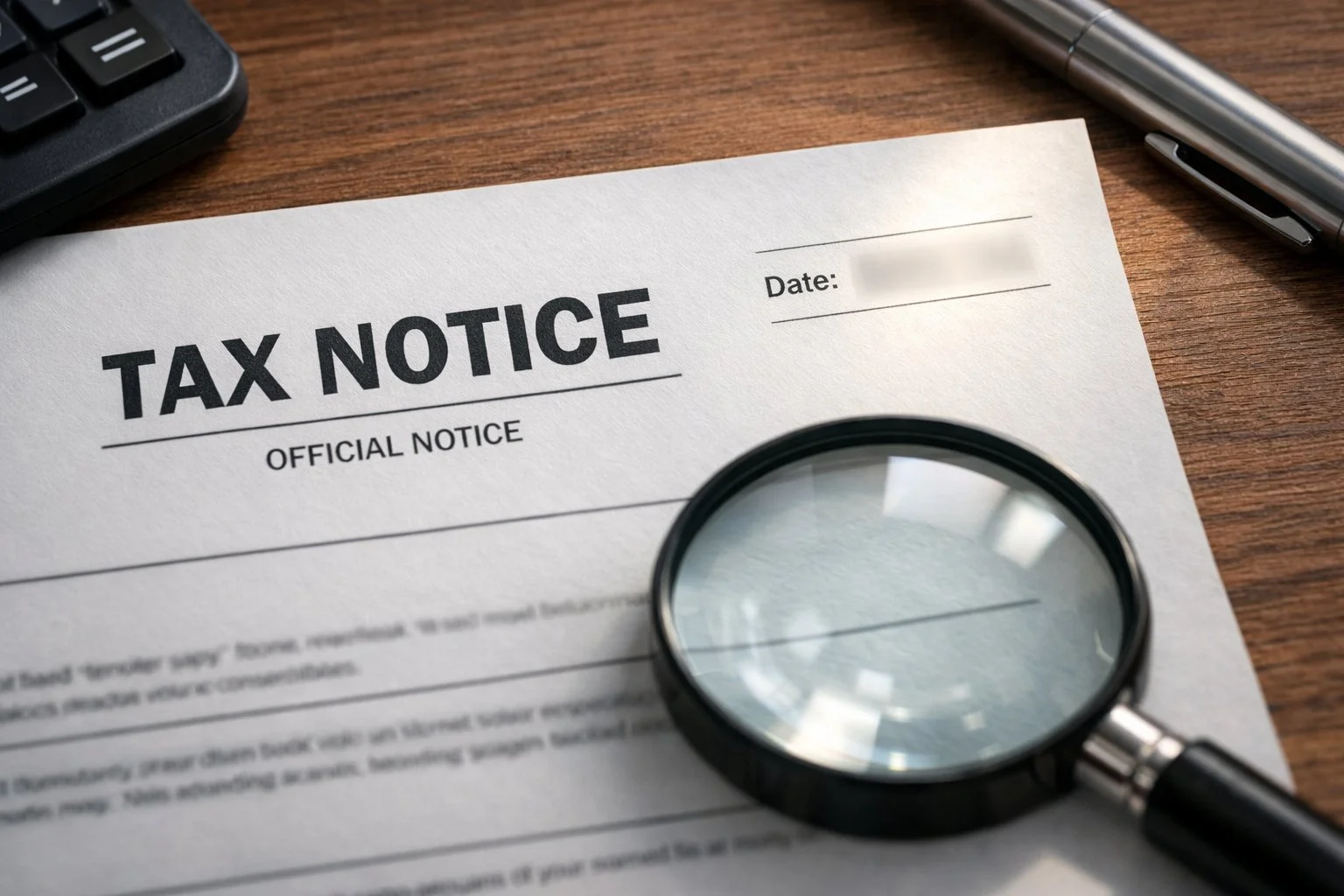 Close-up of a tax notice document with the date area subtly highlighted and a magnifying glass nearby, suggesting careful review.