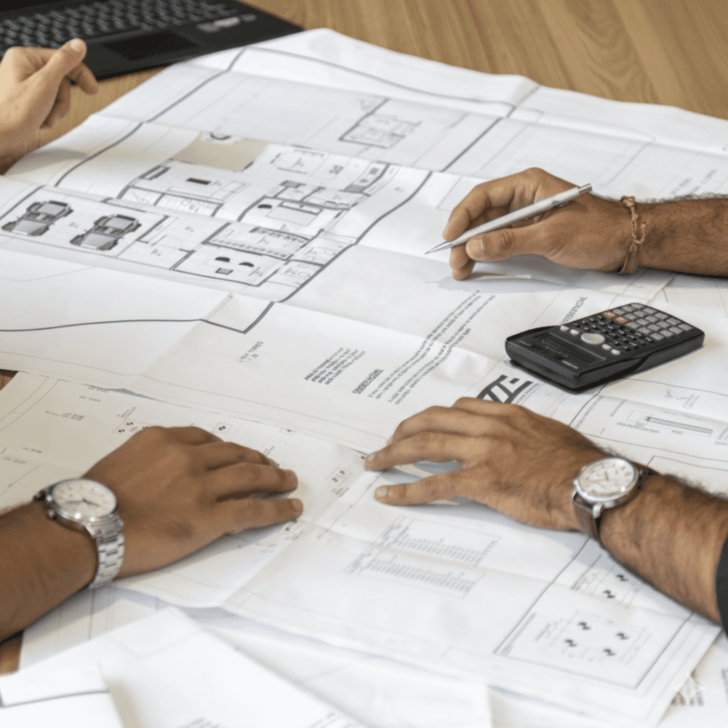 Top-down view of people working with architectural blueprints on a wooden desk, featuring hands pointing at floor plans, a calculator, a ruler, and a laptop.