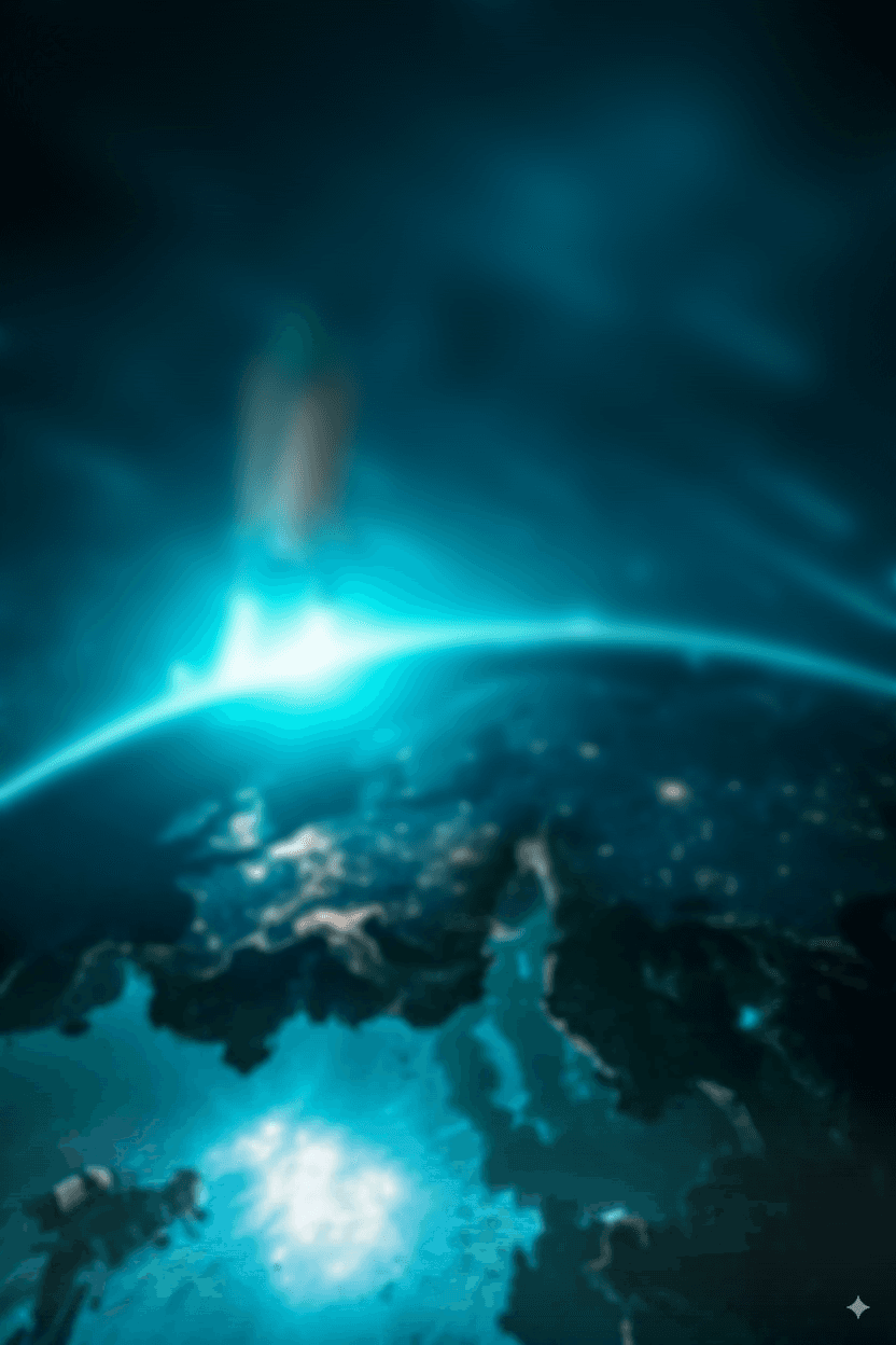 An 'AI Optimized GEO & SEO FAQ: Your Top Questions, Answered' section set against a dark, mystical background with a glowing blue portal or light source in the center, and warm light reflecting from below. The section presents several common questions about geo and SEO in expandable dark boxes."