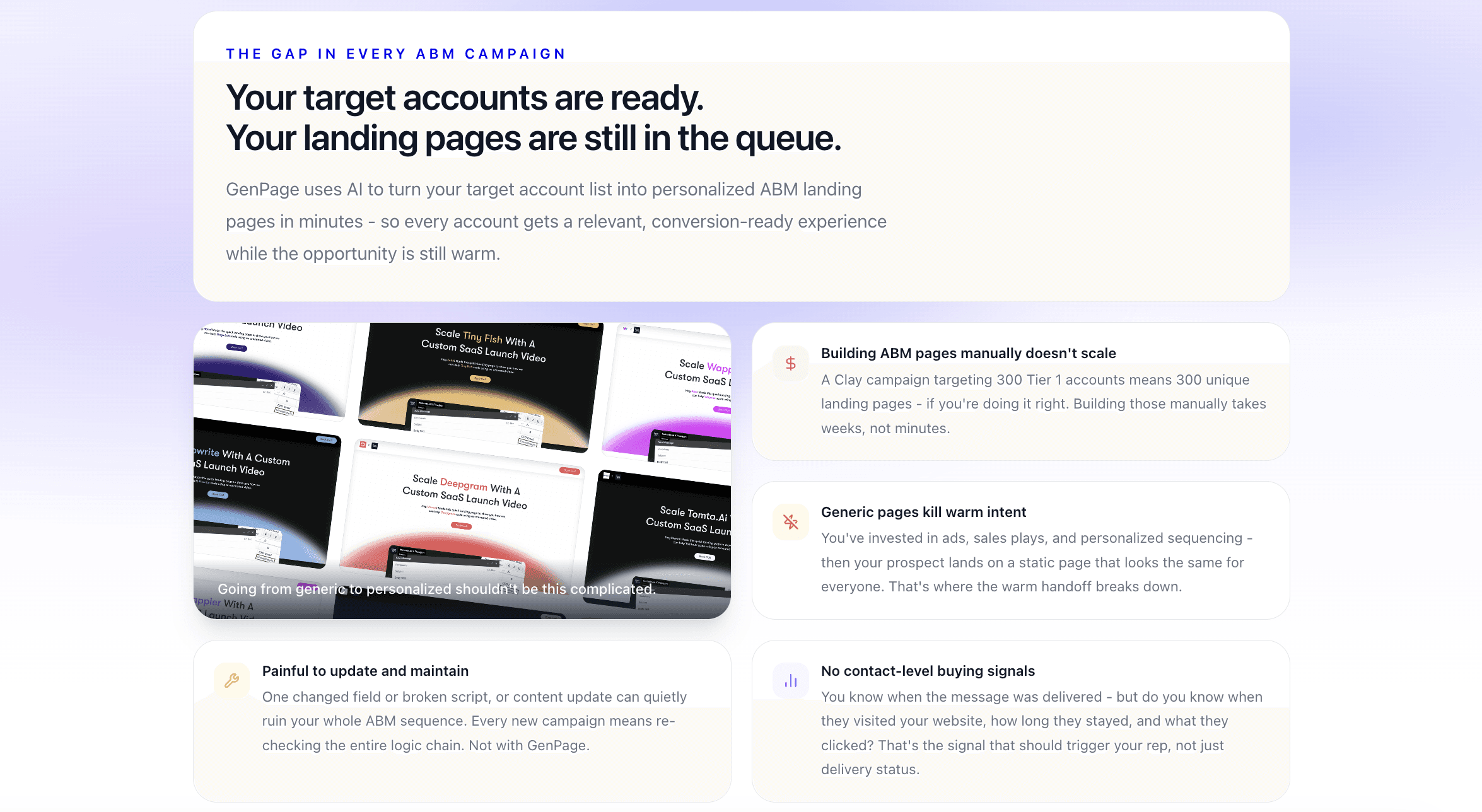 Personalized problem statement section on an ABM landing page showing role-specific problems