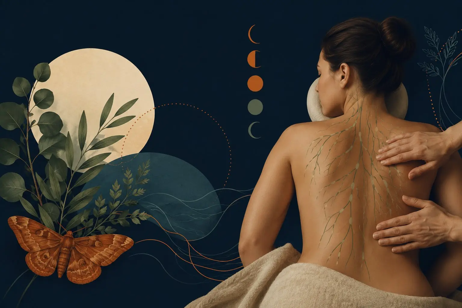 Moon Moth Body & Soul Care illustration of a lymphatic drainage massage, with the body's lymphatic pathways traced on a woman's back against a celestial moth-and-botanical design