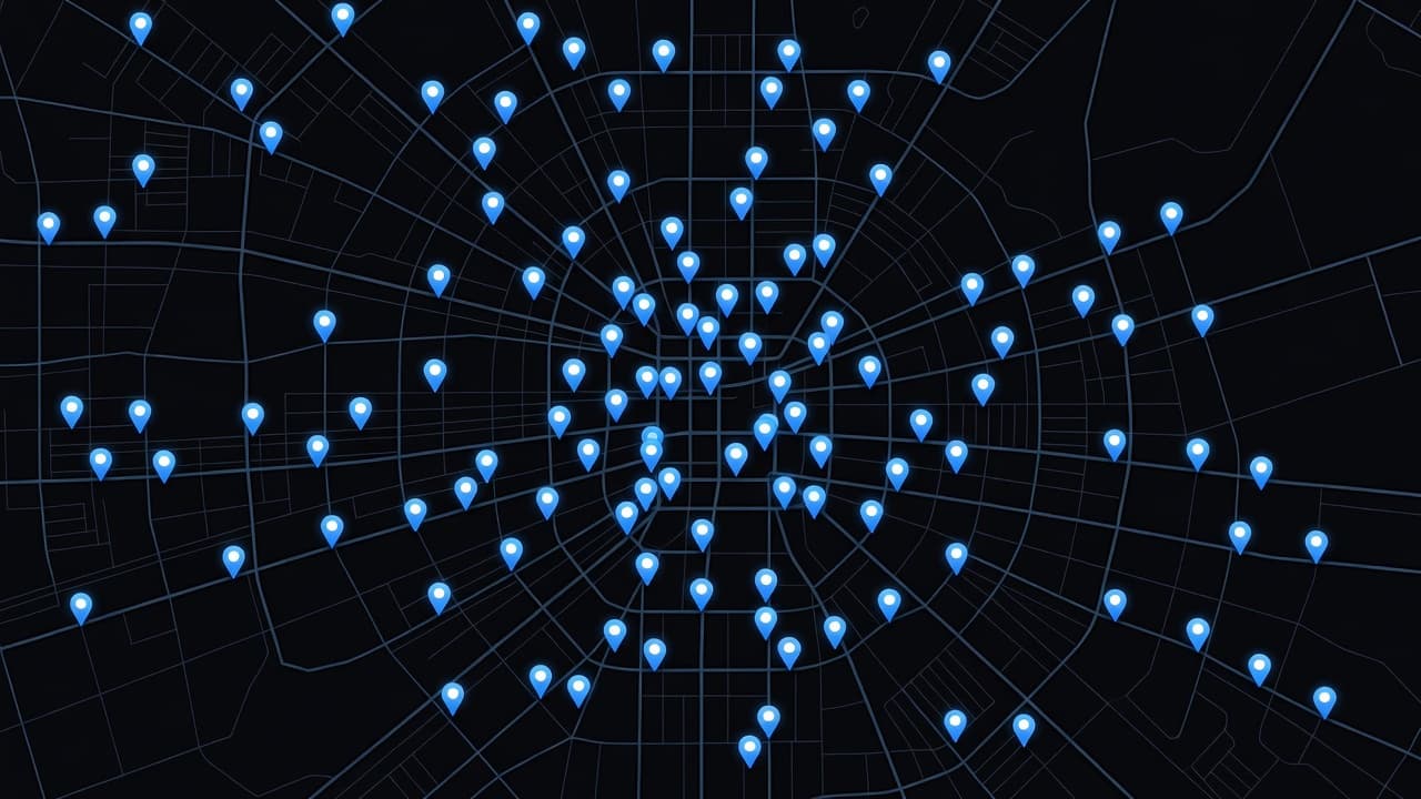 Numerous bright blue glowing location markers dot the dark, detailed city grid. The cluster highlights high-density business hubs, with vibrant light contrast against the deep charcoal background of the streets.