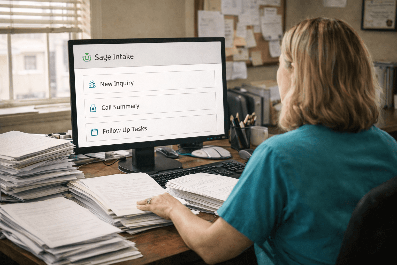 A home care intake coordinator at a crowded desk, surrounded by stacks of paper forms and binders. All papers are mostly blank or with faint, unreadable scribbles to avoid wrong text. On their computer monitor, a clean interface for “Sage Intake” with clearly spelled English headings: “New Inquiry,” “Call Summary,” “Follow Up Tasks.” Realistic office setting, neutral colors, natural light.