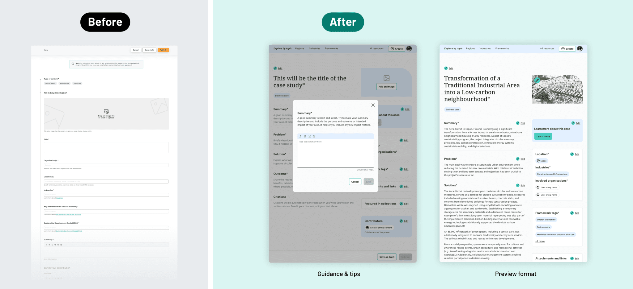 Before and after, showcasing the contribution form, with the after showing the modals for focused writing sections.